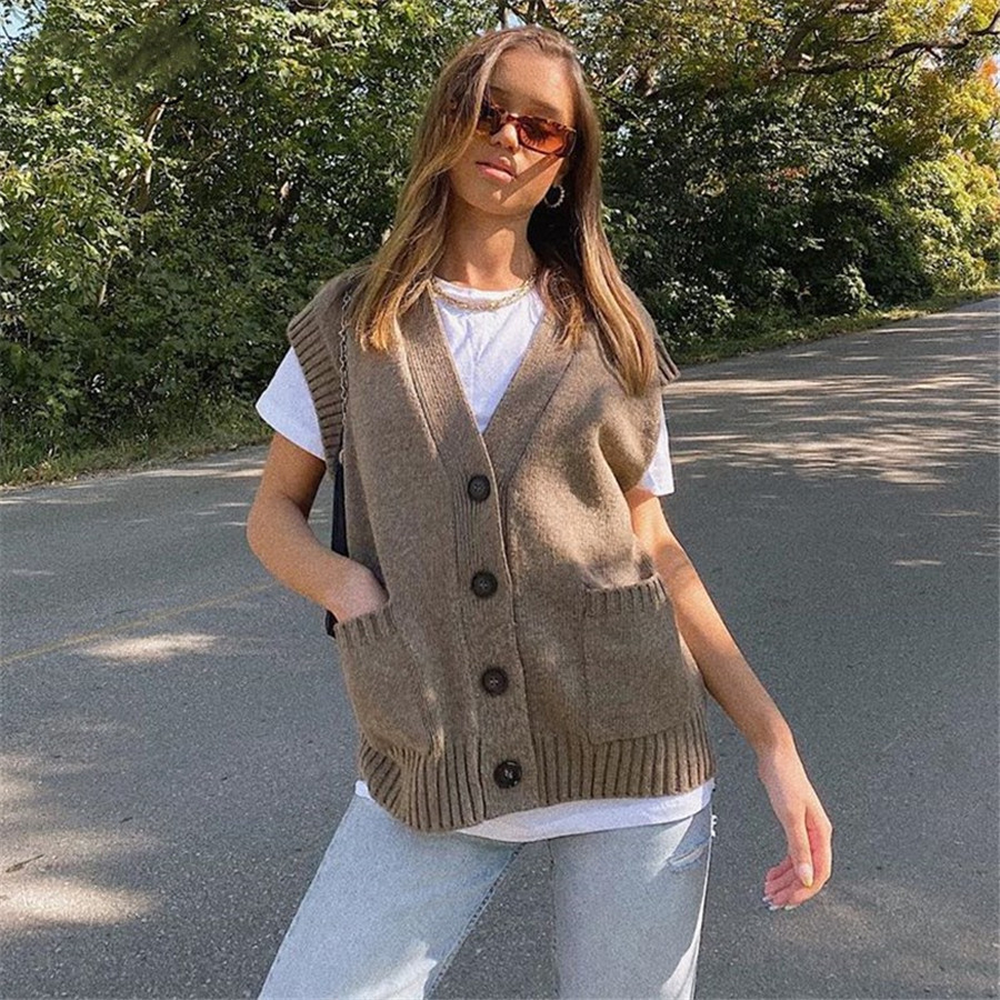 Ladies Sleeveless Vest Women Sweater Pocket Loose Knitted Jumper Casual Autumn Winter Sweater Women Oversize Cardigan Top Female 201225