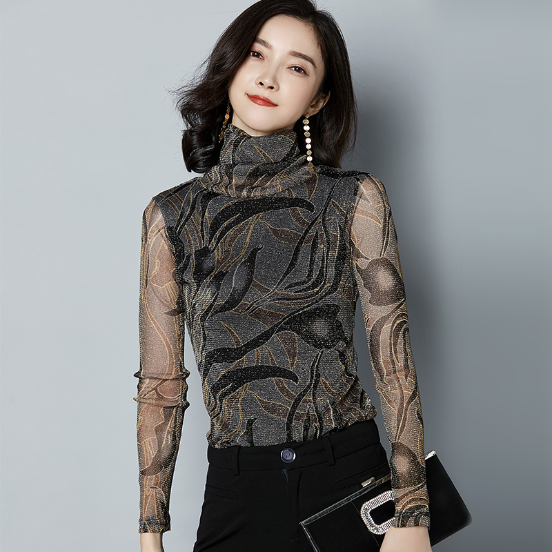Blusas Mujer 19 New Autumn Women Clothes Tops Bright Silk Casual Long Sleeve Turtleneck Printed Blouse Women Shirts 7696 50 201028
