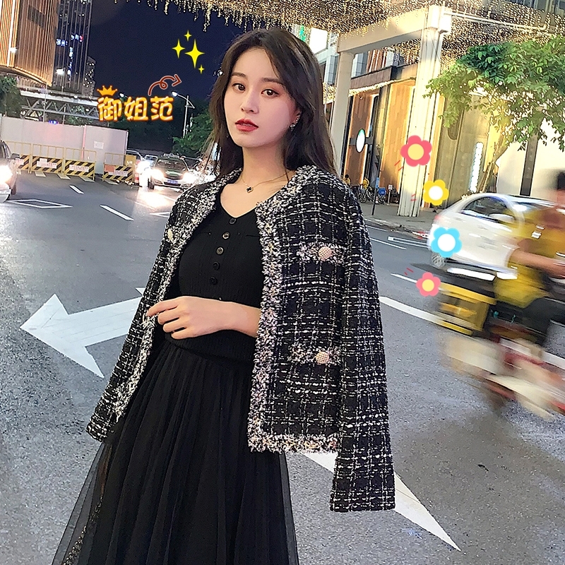 New Womens Black Tweed Jackets Plaid Coats Autumn Small Fragrance Long Sleeve Elegant Tassel Jackets Open Stitch Coats Outerwear 201013