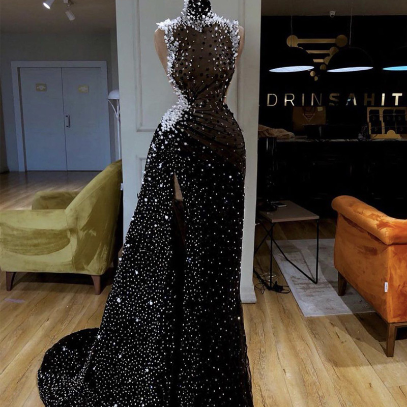 Pearls Beading Prom Dresses Bling Bling High Collar Illusion Evening Gowns Formal Pageant Party Dress vestidos de novia