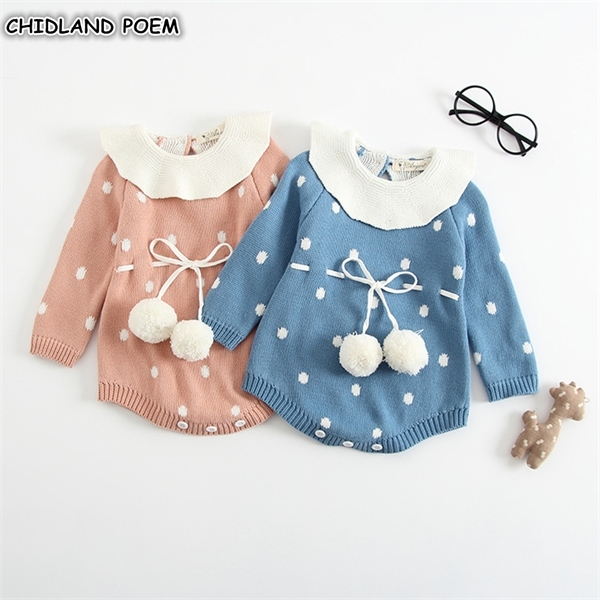 Baby Knitted Clothes Newborn Baby Girls Romper Long Sleeve Woolen Pompom Infant Jumpsuit For Girls Boys Overalls Clothes C0126