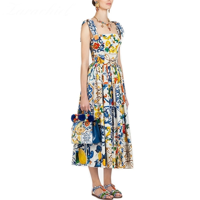 Fashion Runway Summer Dress Women's Red Rose Vacation Vestidos Long Bow Spaghetti Strap Blue White Porcelain Floral Dress LJ200812