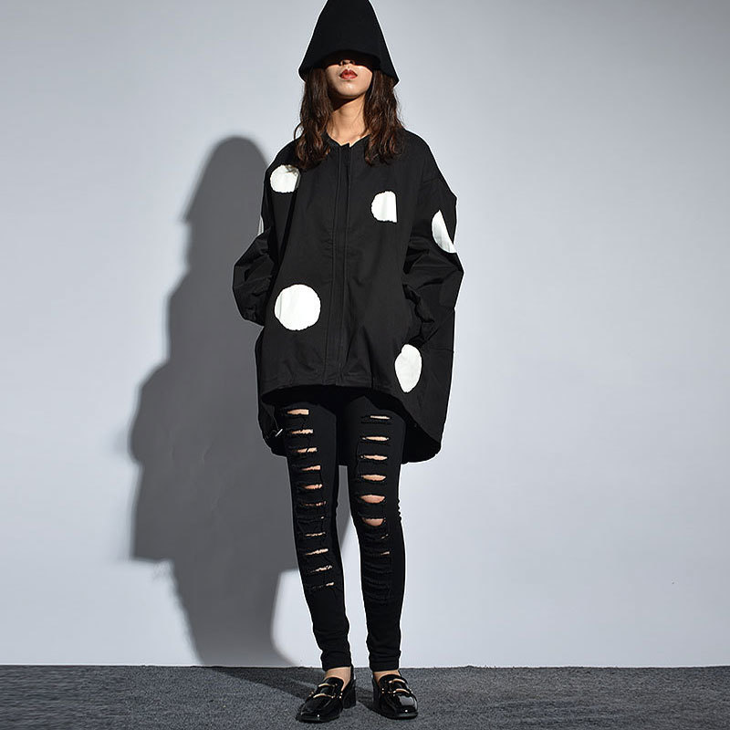[XITAO] Europe New Arrival Autumn Casual Women Polka Dot Print Stand Collar Coat Female Full Sleeve Loose Jacket LJT3848 201017