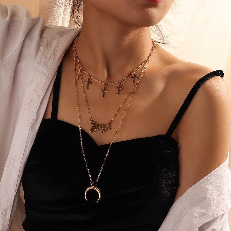 Chains English Angel Pendant Metal Moon Cross Necklace Fashion Layered Ladies Necklace, Three Layer Jewelry, Silver
Chains English Angel Pendant Metal Moon Cross Necklace Fashion Layered Ladies Necklace, Three Layer Jewelry, Silver