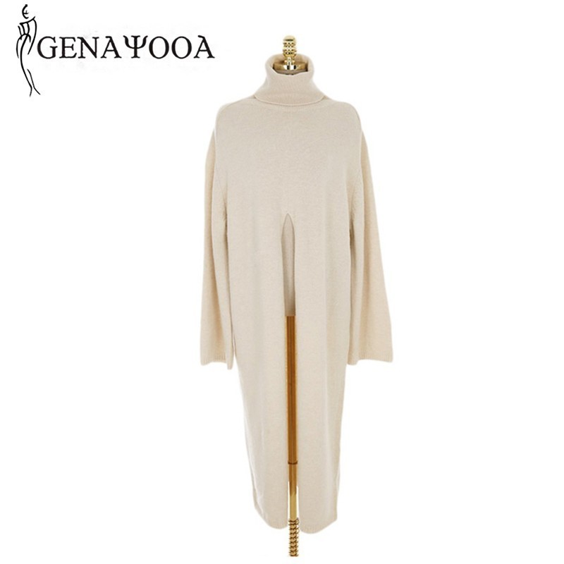Genayooa Womens Turtleneck Pullover Sweater Long Sleeve Vintage Loose Knit Sweater Split Solid Long Jumper Ladies Korean Style 201030wtt