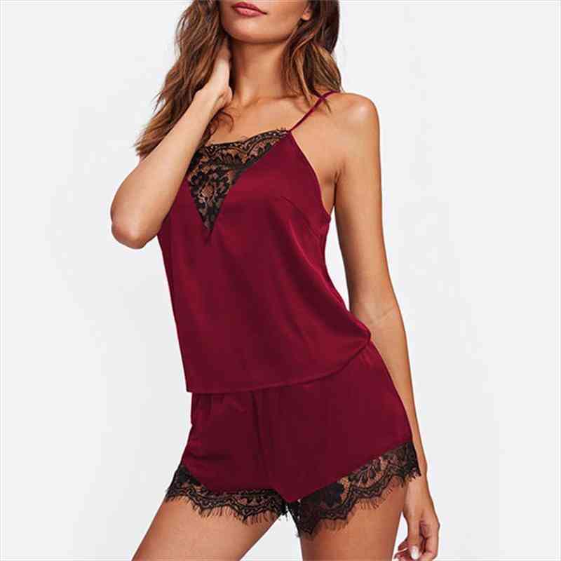 Womens Pajamas Set Sexy Sling Top Sleepwear Lace V-neck Sleepwear Style Silk Like Homewear Two Piece Nightie Femme, Black;red
Womens Pajamas Set Sexy Sling Top Sleepwear Lace V-neck Sleepwear Style Silk Like Homewear Two Piece Nightie Femme, Black;red