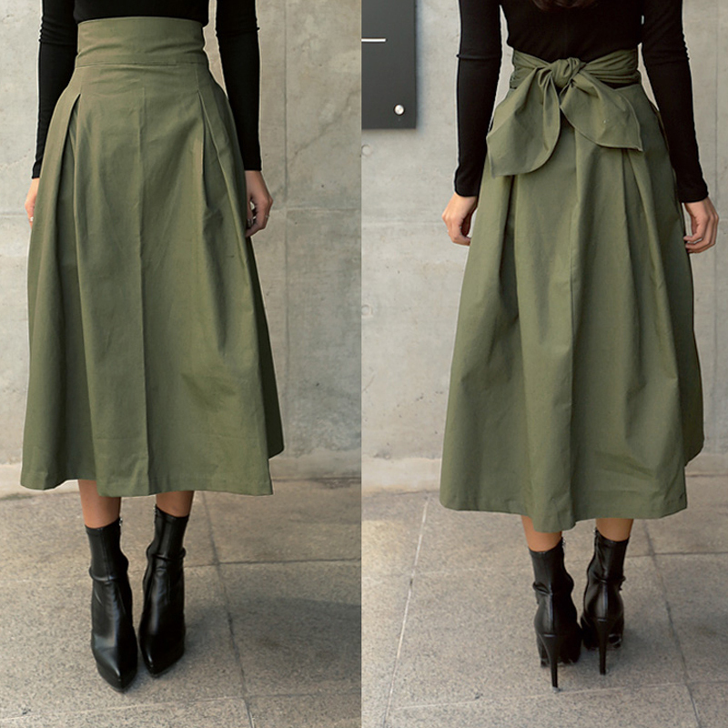 BGTEEVER OL Style High Waist Bowknot Green A line Skirts Ladies Office Flare Long Skirts Womens Faldas Streetwear 2020 Spring LJ200819