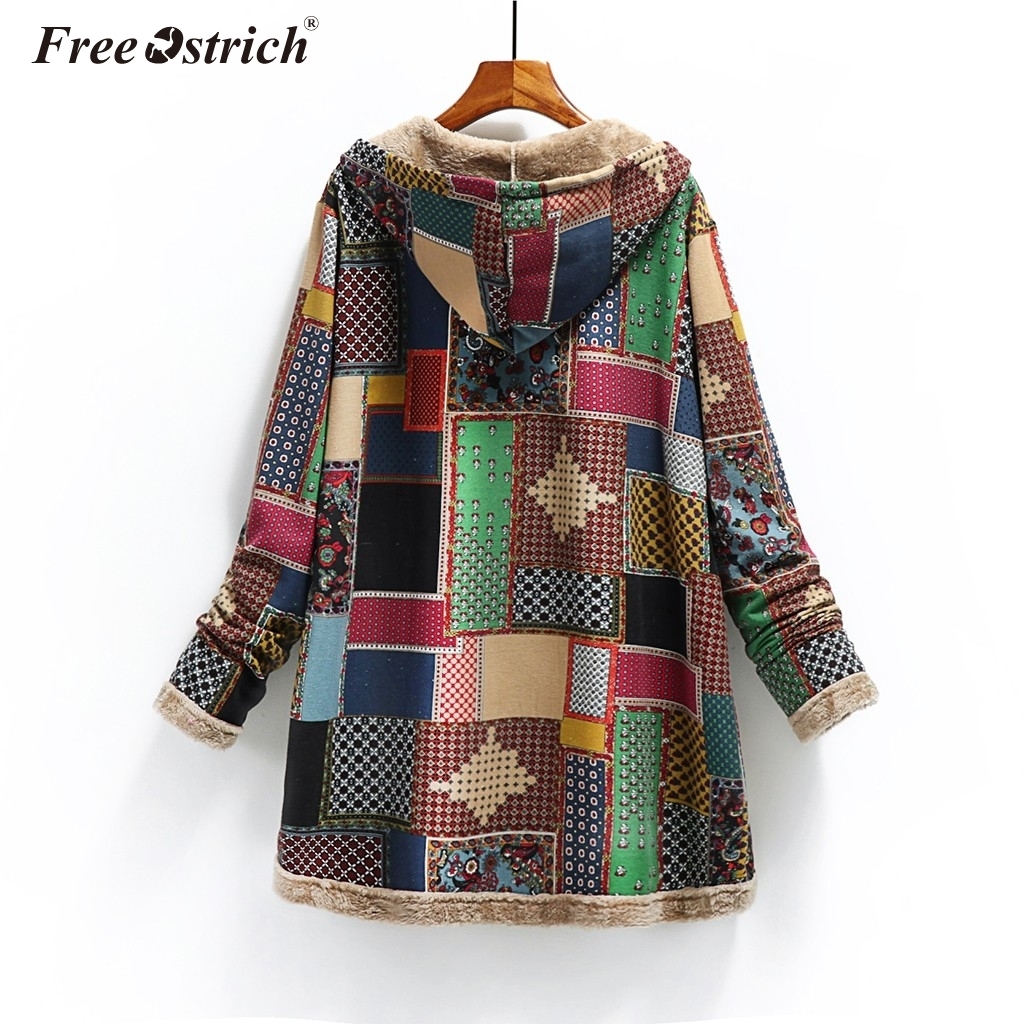 Free Ostrich Female Jacket Fleece Coat Women's Winter Warm Outwear Print Hooded Pockets Oversize Coats Plus Size N30 201017