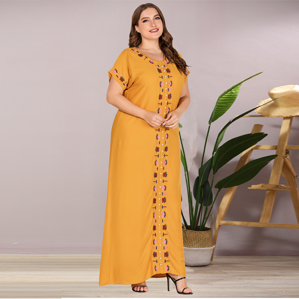 Siskakia Plus Size Women Maxi Long Dress Fashion Loose Casual Embroidered Beaded O Neck Short Sleeve Arabian Dresses Summer T200619