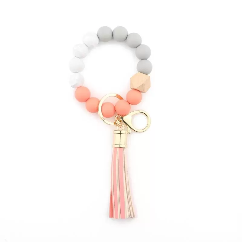 Fashion Silicone Bead Bracelets Beech Tassel Key Chain Pendant Leather Bracelet Women's Jewelry 14 Style