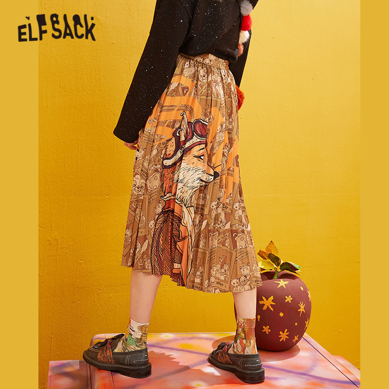 ELFSACK Fox Printed High Waist Pleated Skirts Women Winter New Fashion A Line Skinny Office Ladies Daily Long Skirt T200113