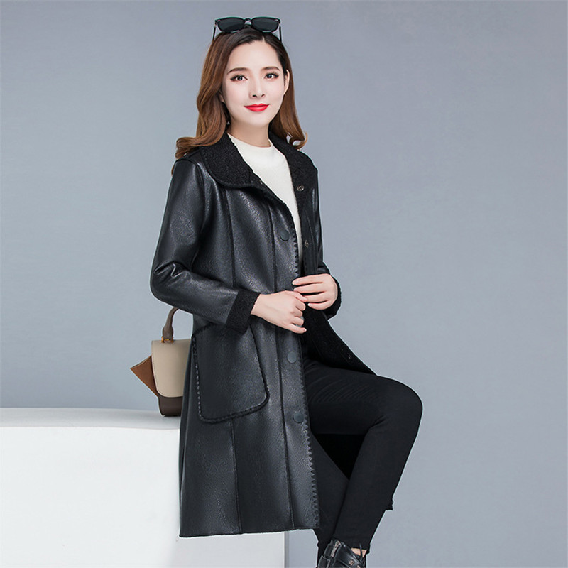 Winter warmth faux leather coat women black Brown plus size tops PU jacket new lapel leisure fashion plus thick coat LR728 201226