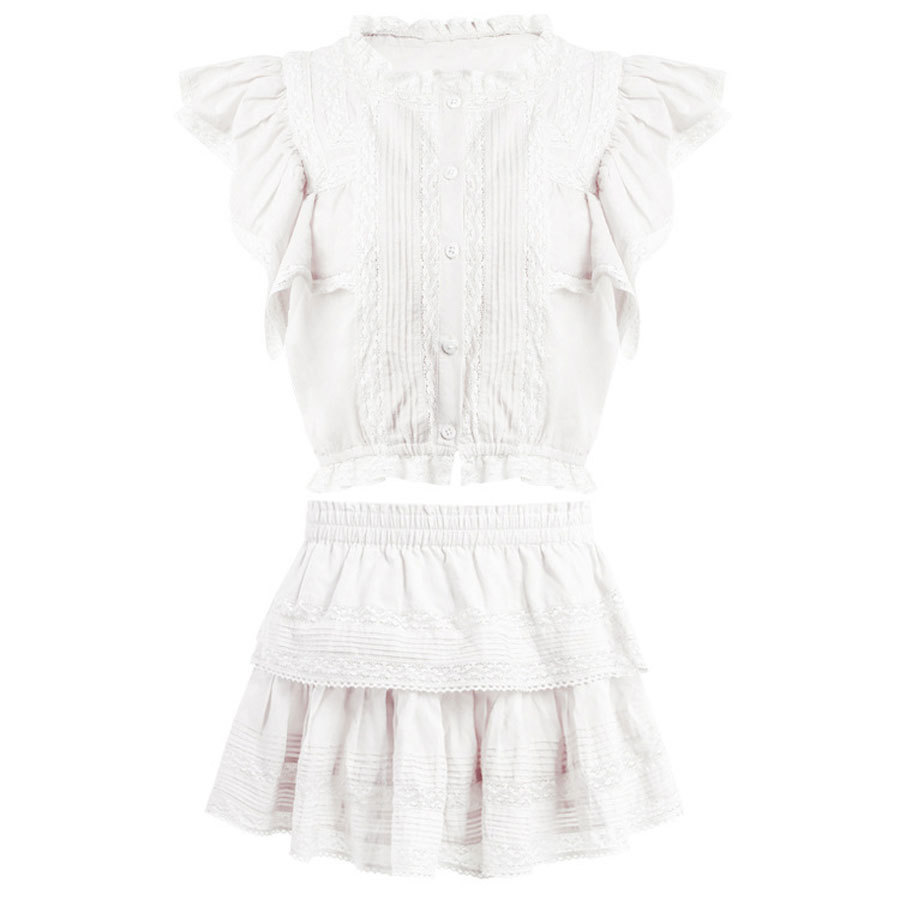 2019 New Arrival Women 2 Pieces Set Sexy White Top and Mini Skirt 2 Piece Outfits for Sets Holiday Vocation T200623