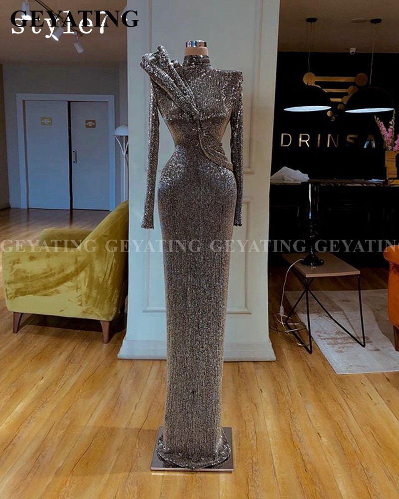 Dubai Gray Sequin One Shoulder Mermaid Evening Dress Long Sleeve High Slit African Prom Dresses High Neck Arabic Formal Gowns T200604