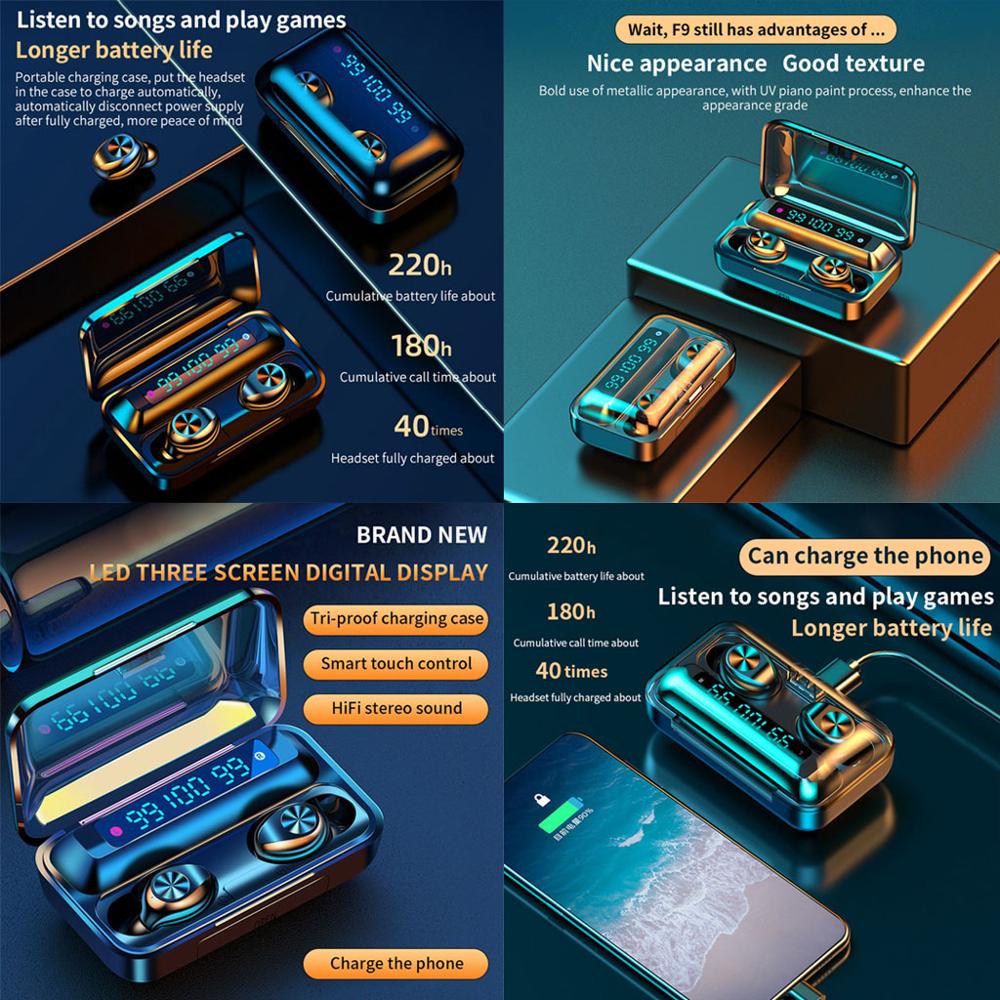 F9-5 Wireless Headphones 5c TWS Bluetooth 5.0 Earphones 2200mAh Charging Box With Microphone Sport Waterproof Headsets Earbuds