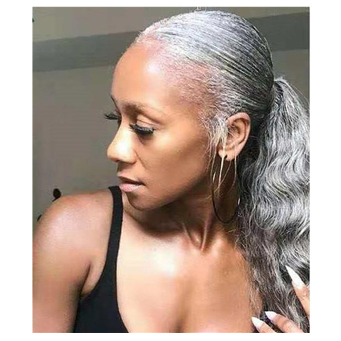 Bounce curly gray human hair ponytail for black women short wavy funmi weave grey bundles extensions wraps pepper salt pony tail hairpiece drawstring 
