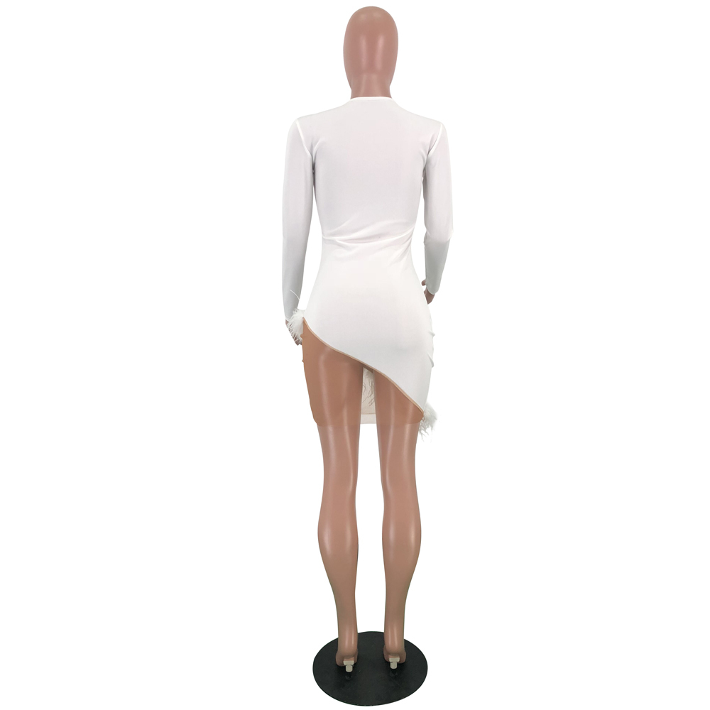 Women Spring Winter Mini Dress O-Neck Mesh Feather Patchwork Sexy Night Club Party Bandage Street Bodycon Dresses GL3198 201008