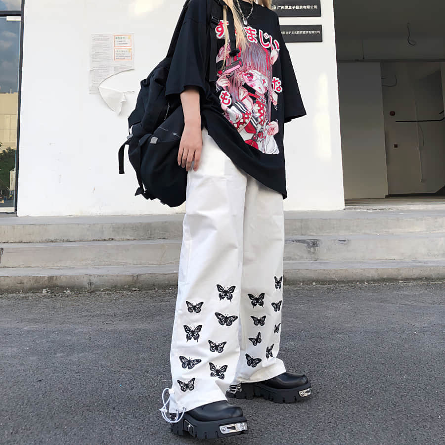 New Autmun High Waist Pants Women Cargo Sweatpants Embroided Butterflies Wide Leg Straight Plus Size Casual Trousers Streetwear 201112