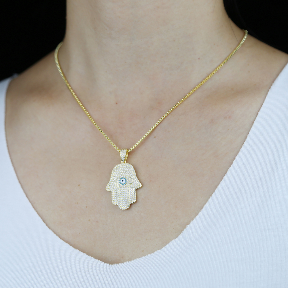 Women wholesale hip hop necklaces jewelry with blue cz paved hamsa hand charm pendant necklace with box chain paved jewelry