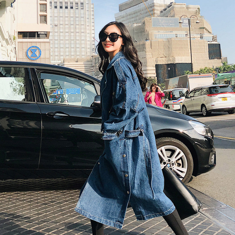 Lapel Women Loose Denim Trench Windbreaker Vintage Long Sleeve Overcoat Winter Autumn Bandage Coat mujer abrigos f1485 T200805