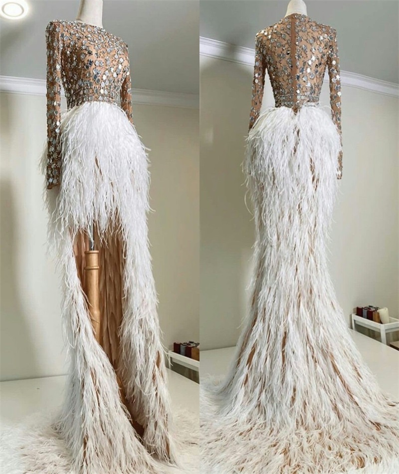 Luxury Hi Lo Evening Dresses Fashion Feather Sequins Crystal Ruched Prom Dresses Long Sleeves Sweep Train Custom Made Formal Party Wear