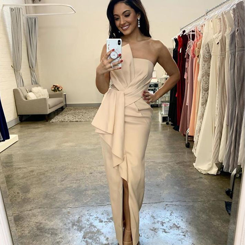 2021 Nude Strapless Long Evening Dresses Ruffles Pleat Satin Slit Mermaid Sexy Formal Occasion Party Prom Gowns New