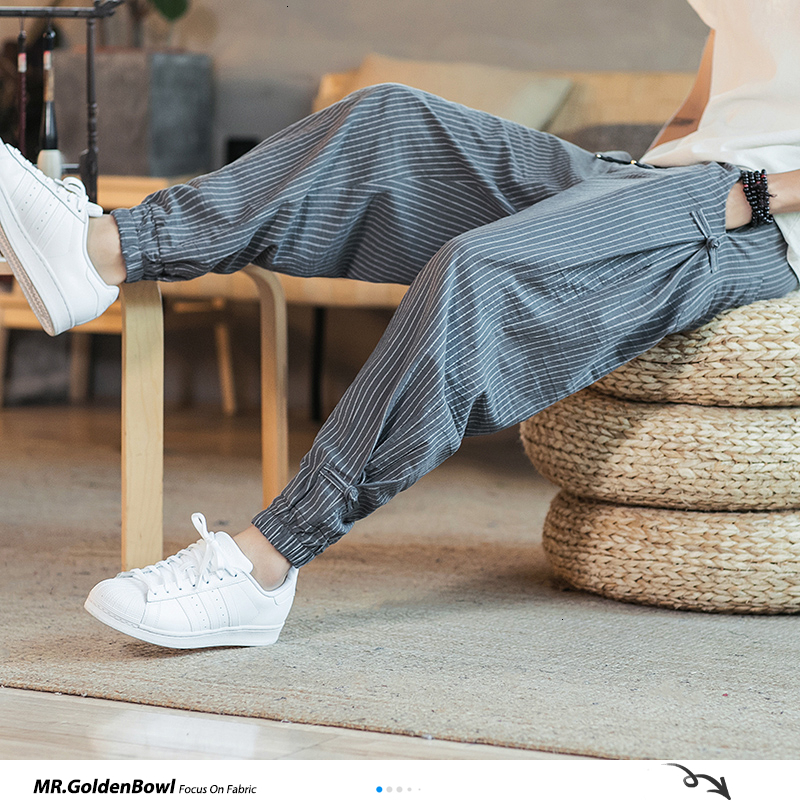 Sinicism Store Black White Striped Men Harem Pants New Fashion Man Casual Loose Pants Cotton Linen Male Trousers 5XL 201027