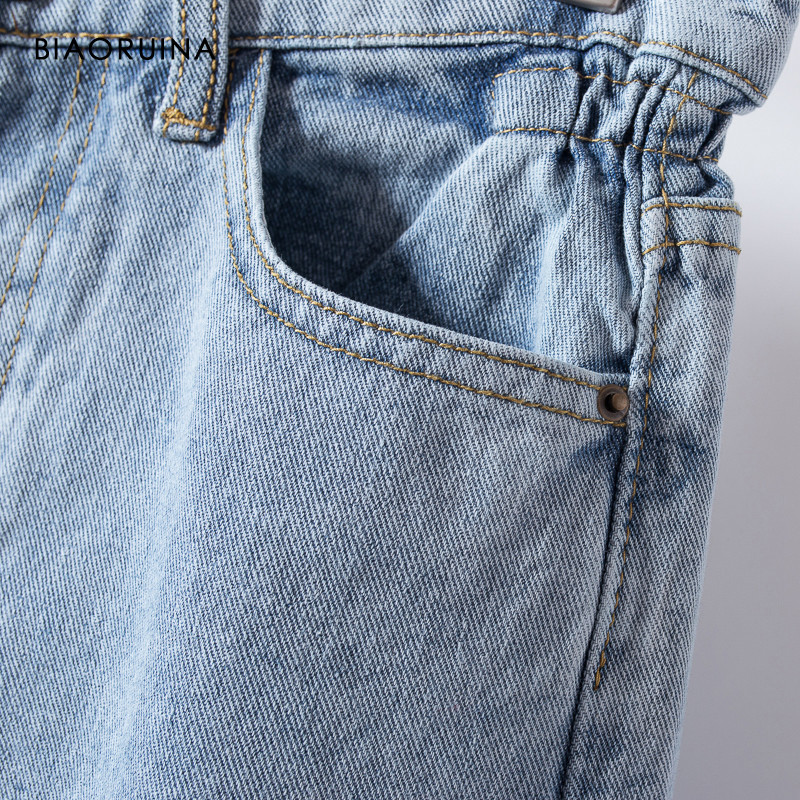 BIAORUINA Women's Washing Light Blue Bleached Jeans Female Fashion High Waist Straight Jeans Ladies Casual Streetwear Jeans 201105