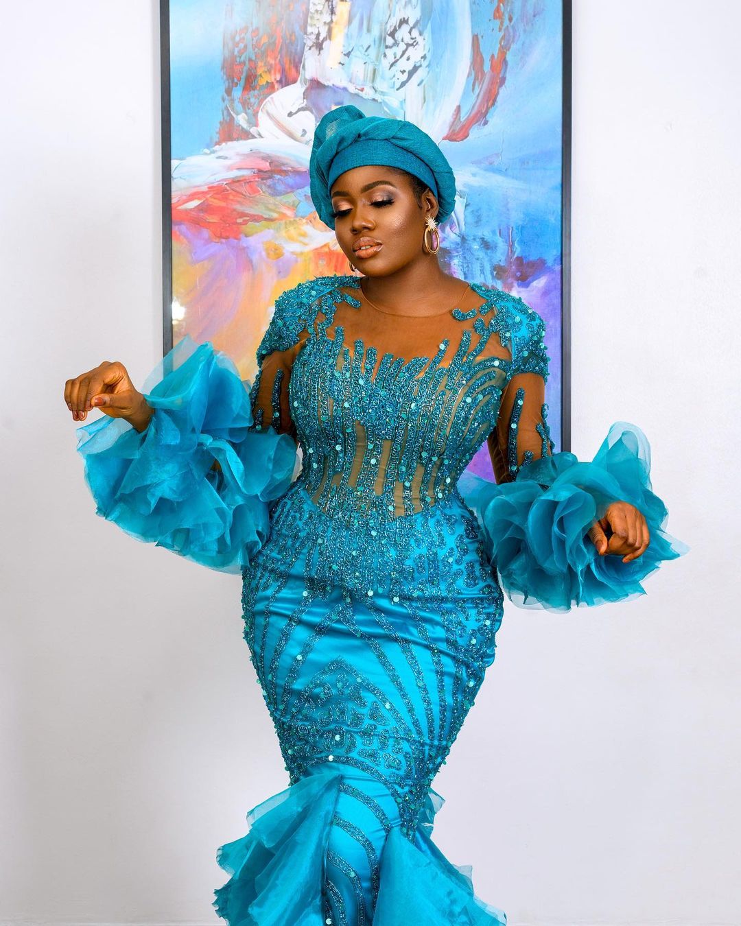 Plus Size Arabic Aso Ebi Blue Luxurious Mermaid Prom Dresses Lace Beaded Stylish Evening Formal Party Second Reception Birthday Engagement Gowns Dress