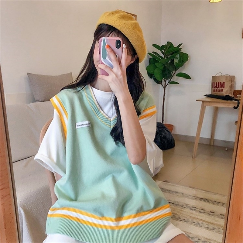 Women Sleeveless Pullover Autumn Korean Style Stripe Patchwork Casual Loose V Neck Knit Sweater Vest Waistcoat Top T362 201111