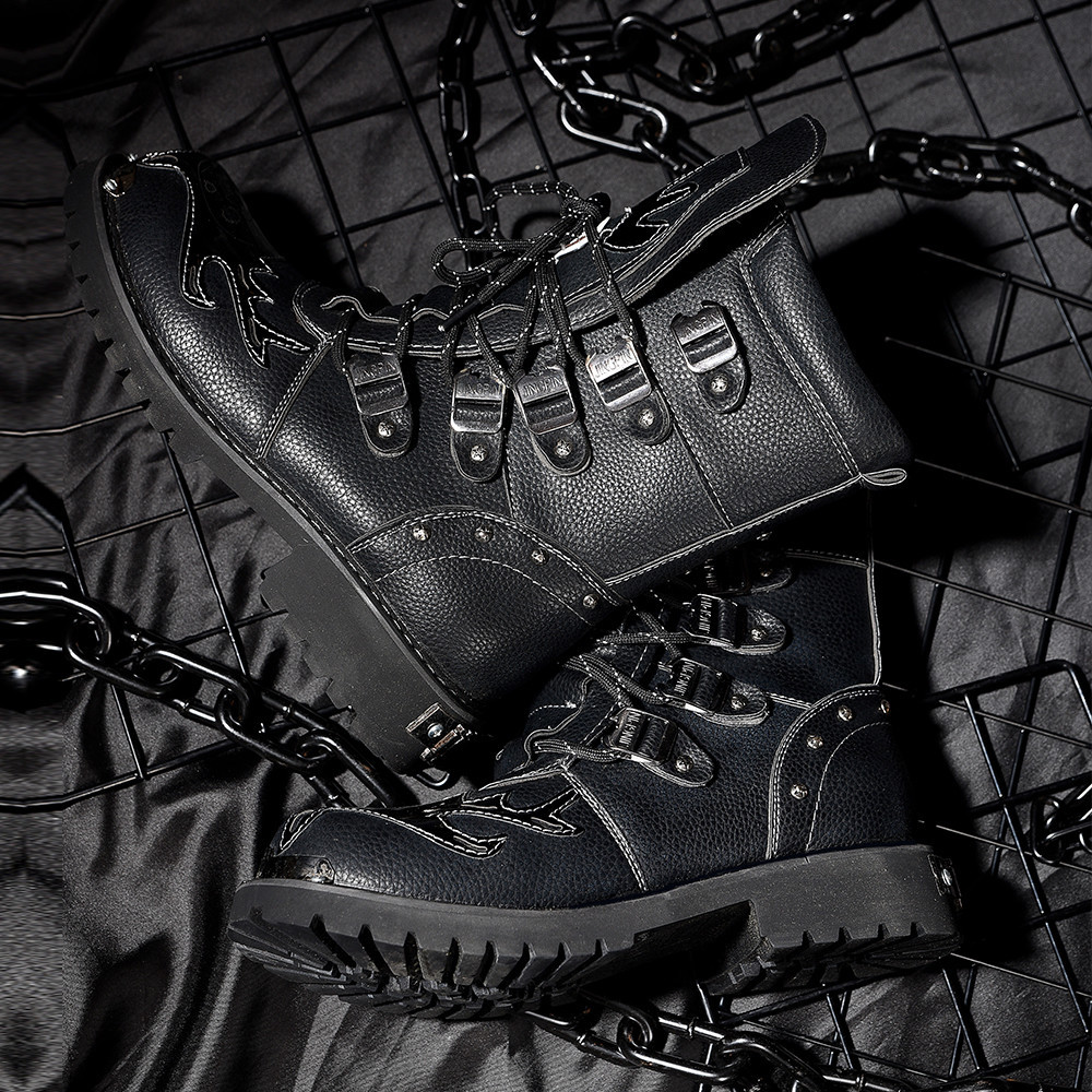 Punk Rock Men Boots Black Leather Ankle Shoes Lace Up Metal Decoration Personality Mens Shoes 201126
