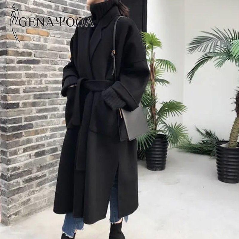 Genayooa Winter Elegant Wool Blend Women Korean Style Black Long Coats Vintage Minimalist Woolen Overcoat Camel Oversize 201112