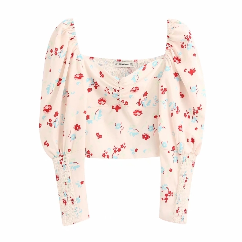 Flower Printingt Square Collar Women Slim Shirt Crop Tops Autumn Leisure Lady Puff Sleeve Blouse S6569 201201