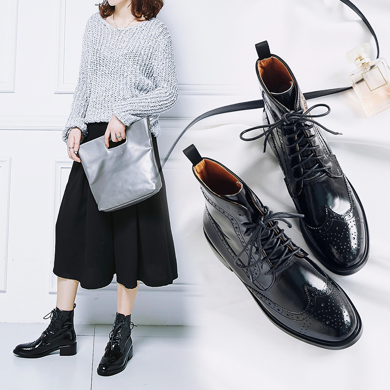 Hot Sale-Ankle Motorcycle Boots for women Carved Brogue Boots Lace up Patent leather