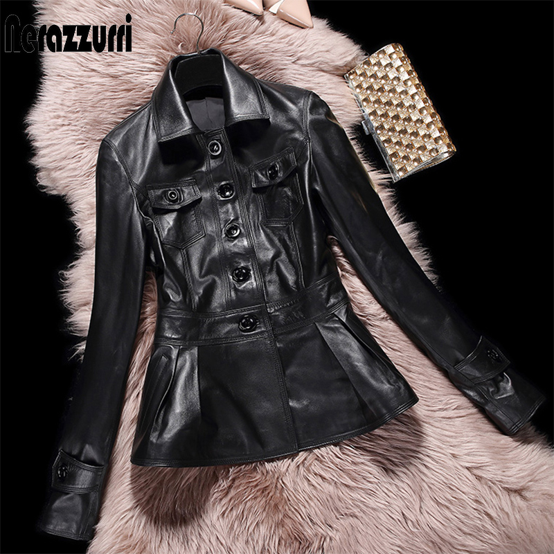 Nerazzurri Black leather trench coat for women with many pockets single breasted buttons long sleeve Plus size slim soft fashion 201030