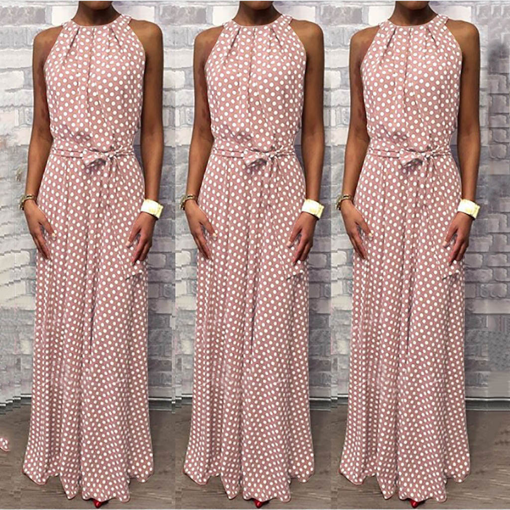 Polka Dot Printed Long Dress Ladies Sleeveless Back Collar Coffee Casual Dress Ladies Summer Beach Party Dress Summer Vestidos T200416
