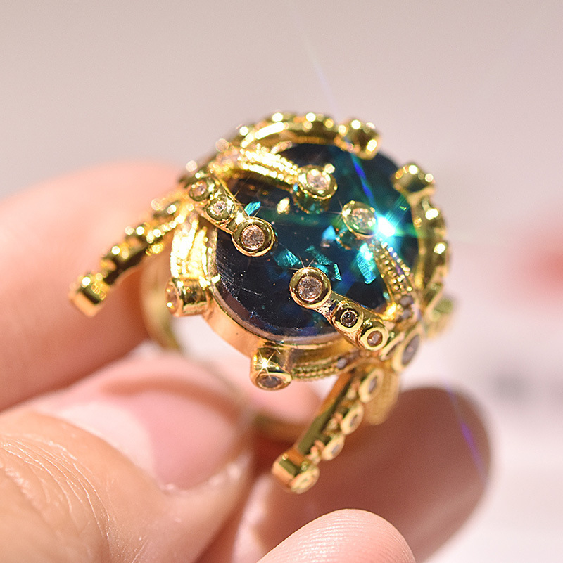 14k Yellow Gold Sapphire Diamond Ring for Women Peacock Blue Topaz Stone Dainty Jewelry Bizuteria Anillos Wedding Ring Gemstone 201112