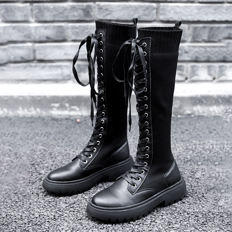 RASMEUP Leather Kintted Elastic Women's Knee High Boots 2020 Style Women Platform Long Boot Lace Up Lady Chunky Shoes Plus Size LJ201030