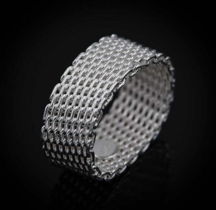 925 Sterling Silver plating Ring 10MM Weave Mesh Finger Ring Band ring for Women Fashion Wedding Jewelry Gift MOQ 20 pcs size US 6-9