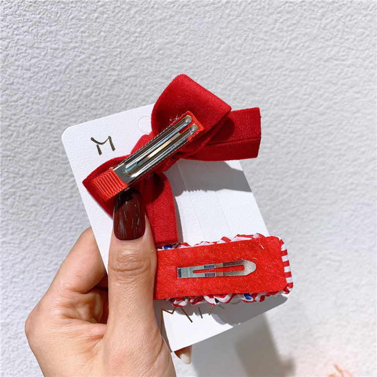 New Korean Children's Dot Plaid Love BB Clip Sweet Girl Fashion Festive Red Velvet Fabric Bow Duckbill Clip Hair Accessories