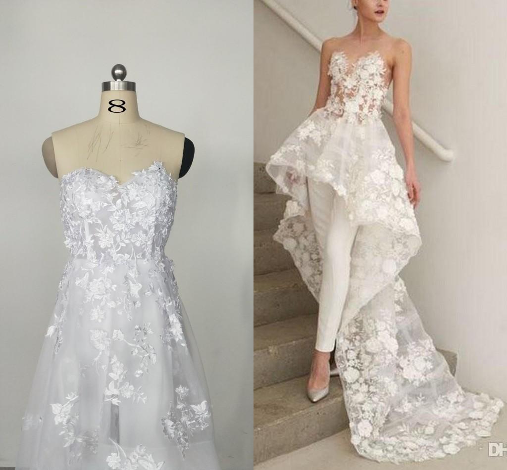 Jumpsuit Modest Dresses Lace Applique Sweetheart Necke Sweep Train Overskirt Wedding Bridal Gown Vestido De Novia 403