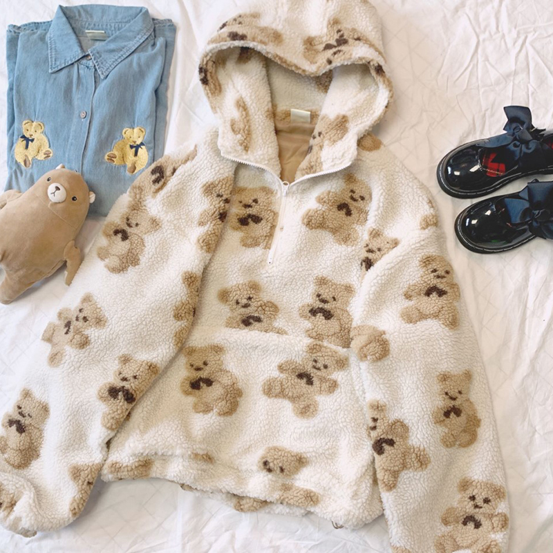 HWLZLTZHT Japanese Print Lamb Wool Coats Autumn Hooded Women Jacket Winter Oversize Warm Pullover Jacket women Outerwear 201126