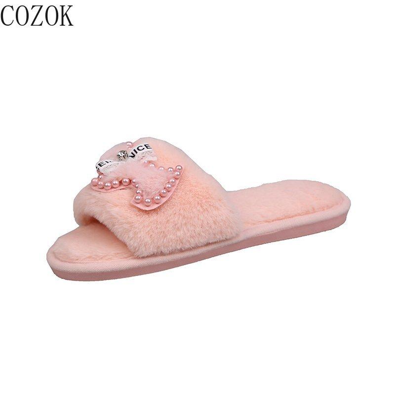 Women's Open-toe Cotton Slippers Mature Simple Casual Fashion Women's Shoes Applique Pearl Decoration Trend Slippers, White