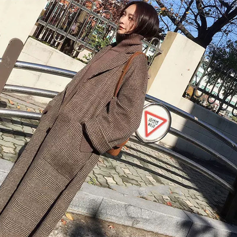 Leiouna Long Plaid Belt Winter Faux Wool Blend Fashion Autumn Coat Women Jacket Manteau Femme Female Overcoat Cape Cloak 201102