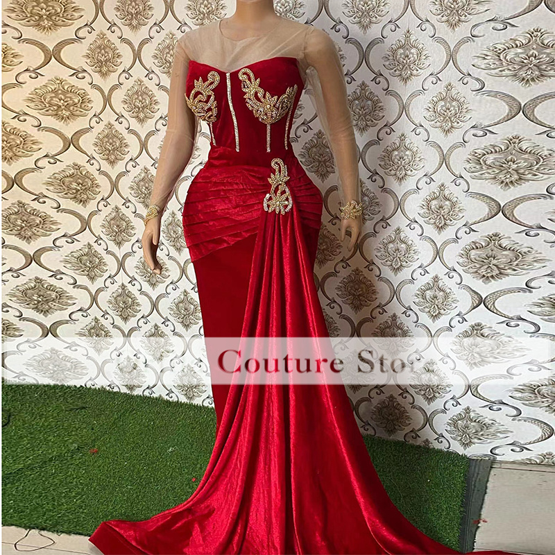 Aso Ebi Red Evening Dresses Long Sleeves Beading Mermaid Prom Gowns For Women Occasion Party Wear