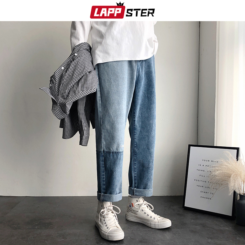 LAPPSTER Men Korean Patchwork Blue Jeans Mens Embroidery Streetwear Black Baggy Denim Pants Women Hip Hop Harem Pants INS 201111