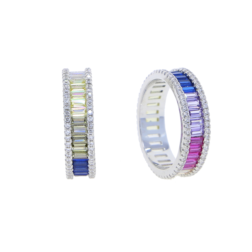 Silver Color Wedding Engagement Band 2024 Spring Summer New Rainbow Baguette CZ Eternity Ring For Women Ladies