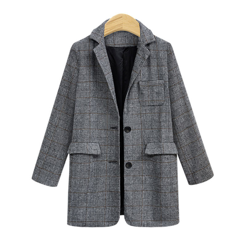 Vintage Plaid Blazer Women's Jacket Autumn Oversized Long Office blazer feminino Casual Double Breasted Chic Suit Coat 201114