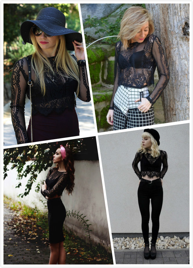 COLROVIE Lace See-through Crop Shirt Women Blouse Autumn Round Neck Long Sleeve Sexy Ladies Tops Zipper Back Blouse T200321