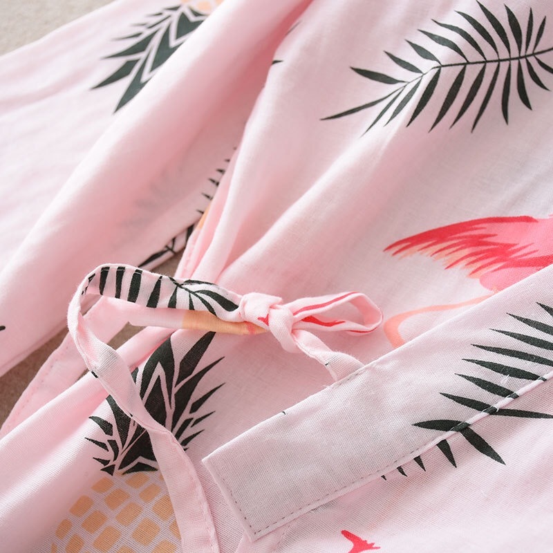 Summer Autumn 100% Cotton Robes Double Gauze Kimono Nightgown Simple Nature Flamingo Thin Section Loose Large Size Home Bathrobe 210203